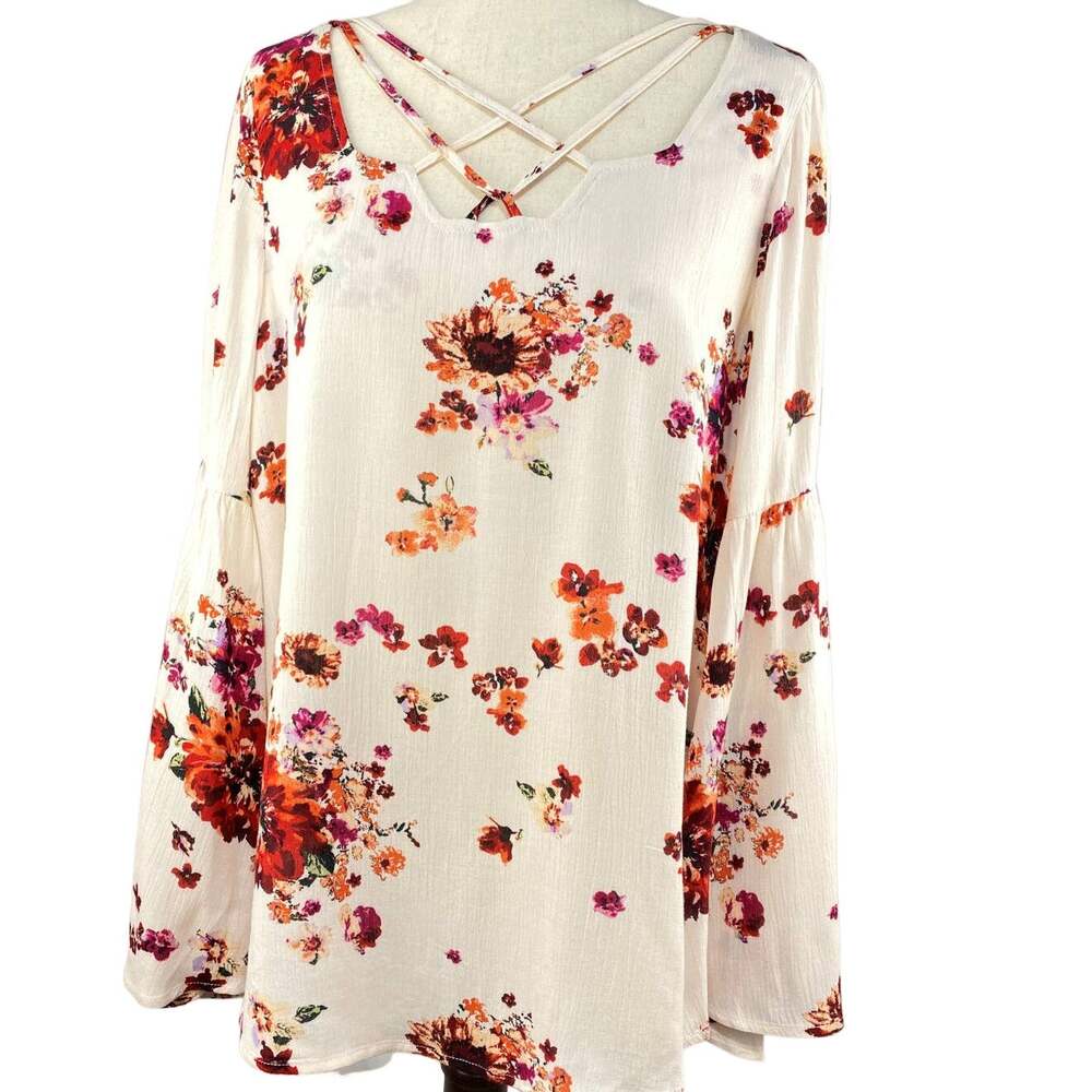 Staccato Bell Sleeve Floral Top Strap Detail Neckline Size M